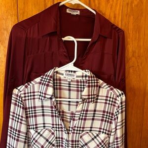 Lot of 2 Express Portofino Shirts  Burgundy with White & Wine Plaid Button-Up